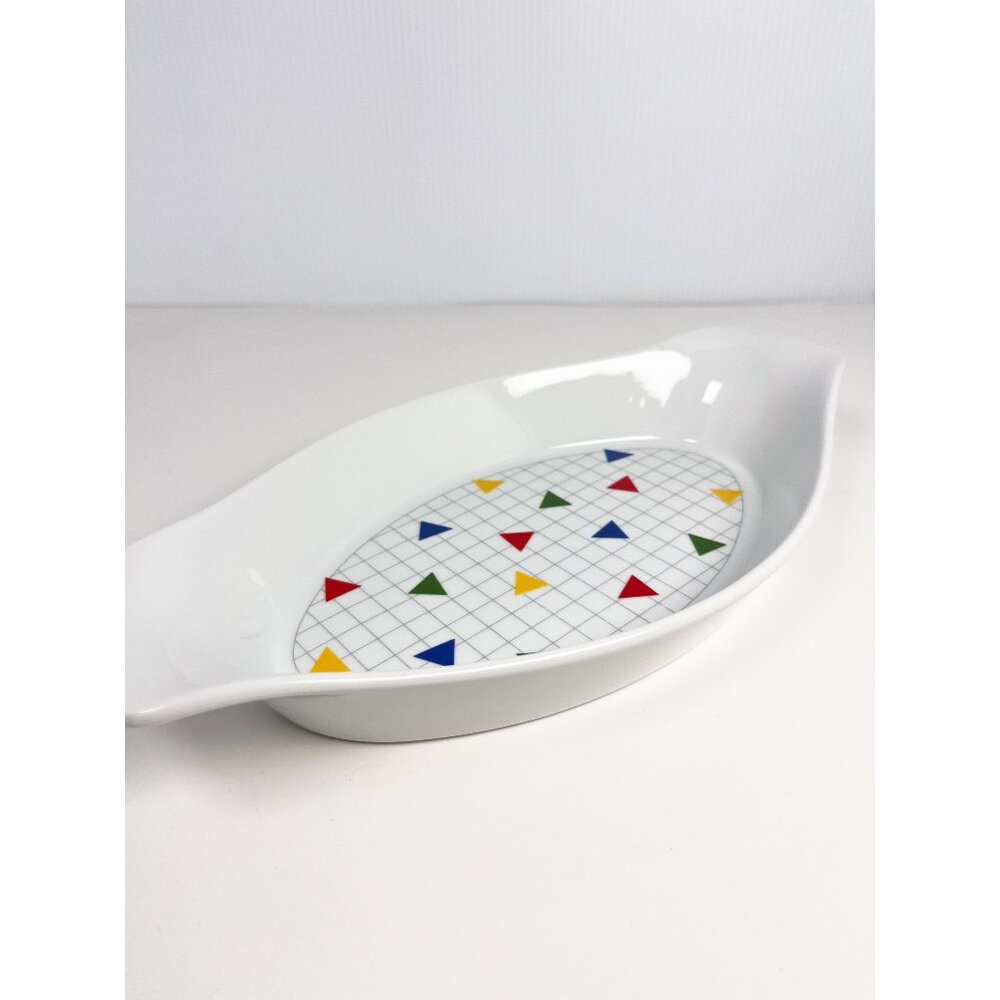 Vintage 80s Japanese rainbow checkered casserole dish by Algar, mod geometric